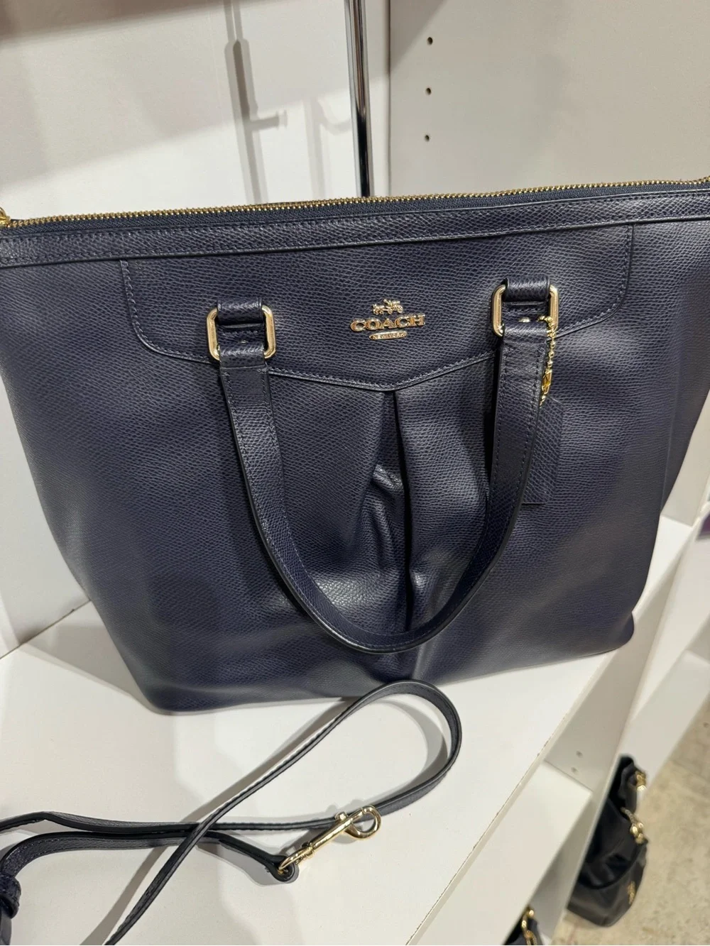 Coach Ashley Navy Pebbled Leather Tote with Detachable Strap and Gold Hardware